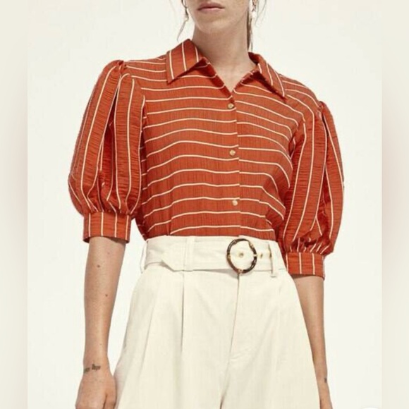 Scotch & Soda Orange Puff Sleeve Notched Collar Cropped Fashion Blouse size S - Picture 1 of 7
